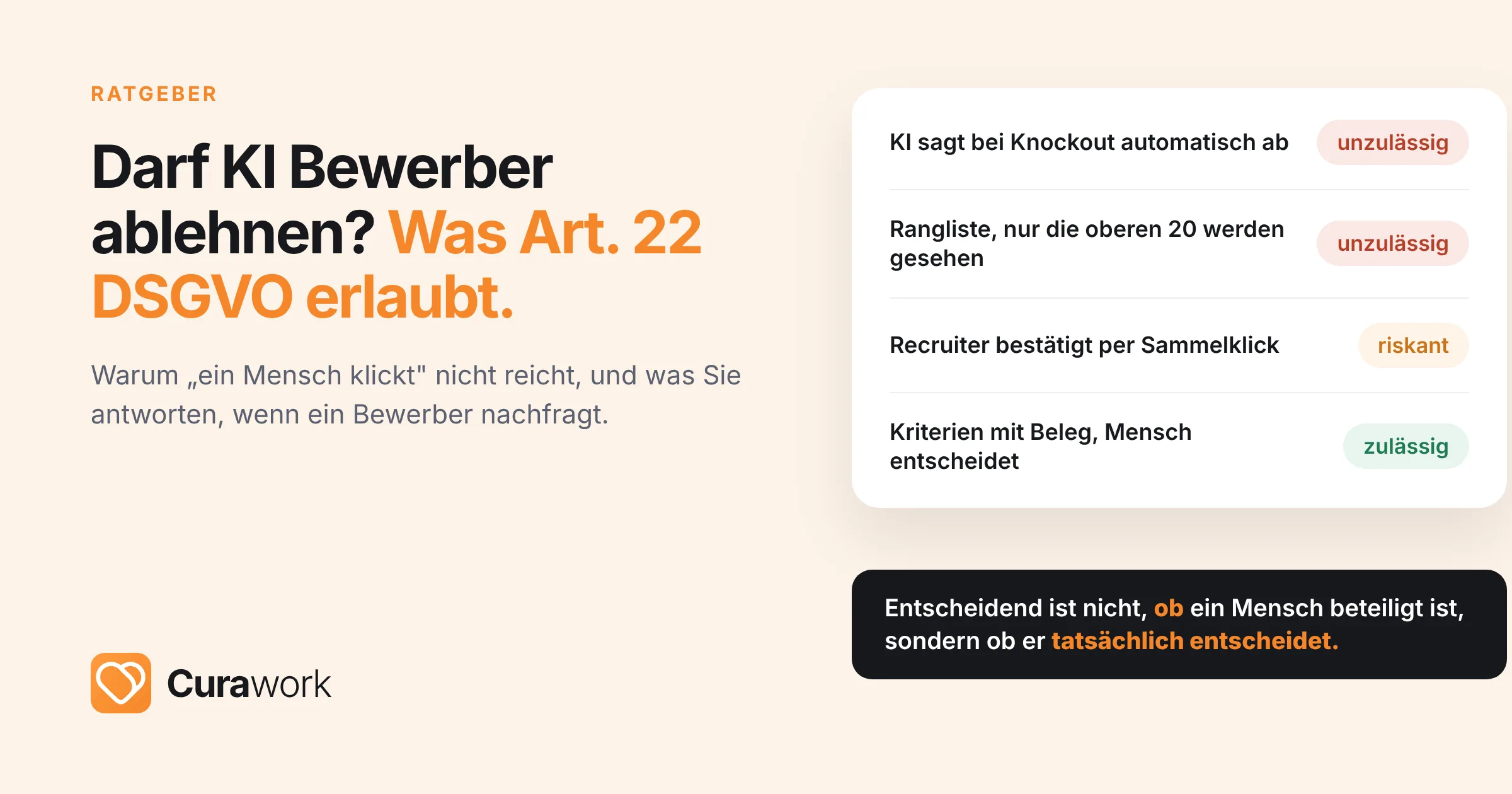 Darf KI Bewerber ablehnen? Vier Varianten der KI-Vorauswahl von unzulässig bis zulässig – entscheidend ist, ob ein Mensch tatsächlich entscheidet (Art. 22 DSGVO)